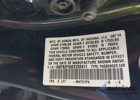 2014 Honda Civic Lx из США, поврежденный, VIN 19XFB2F55EE252411